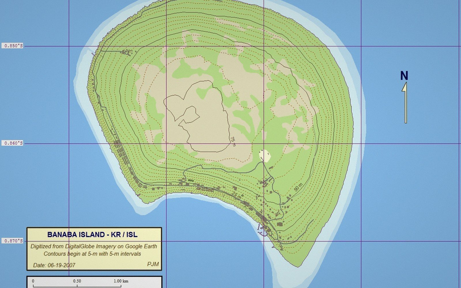 Topographic map of Banaba Island showing elevation contour lines and coastal reef outline
