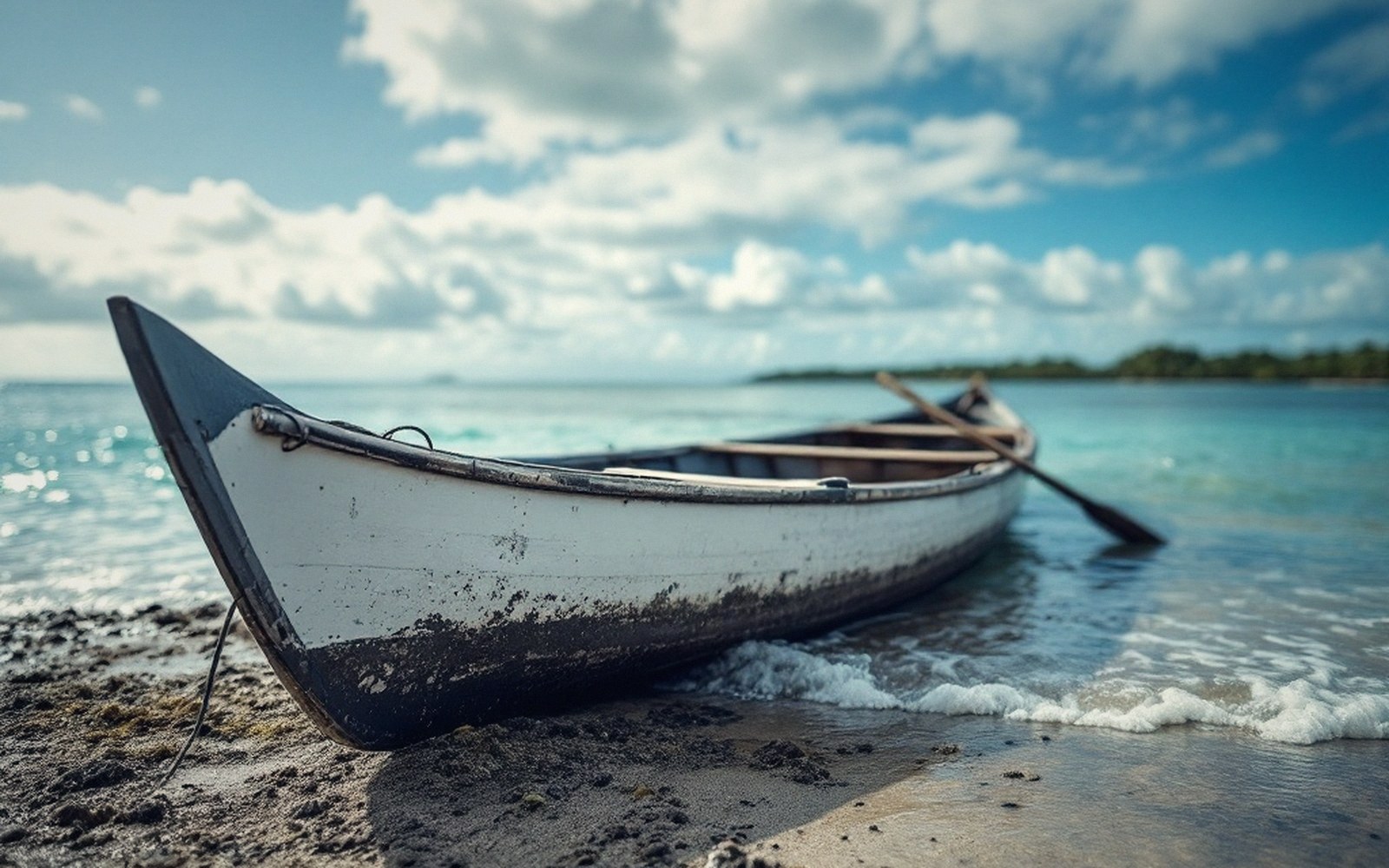 An outrigger canoe pulled up past the tide line, hull and float detail