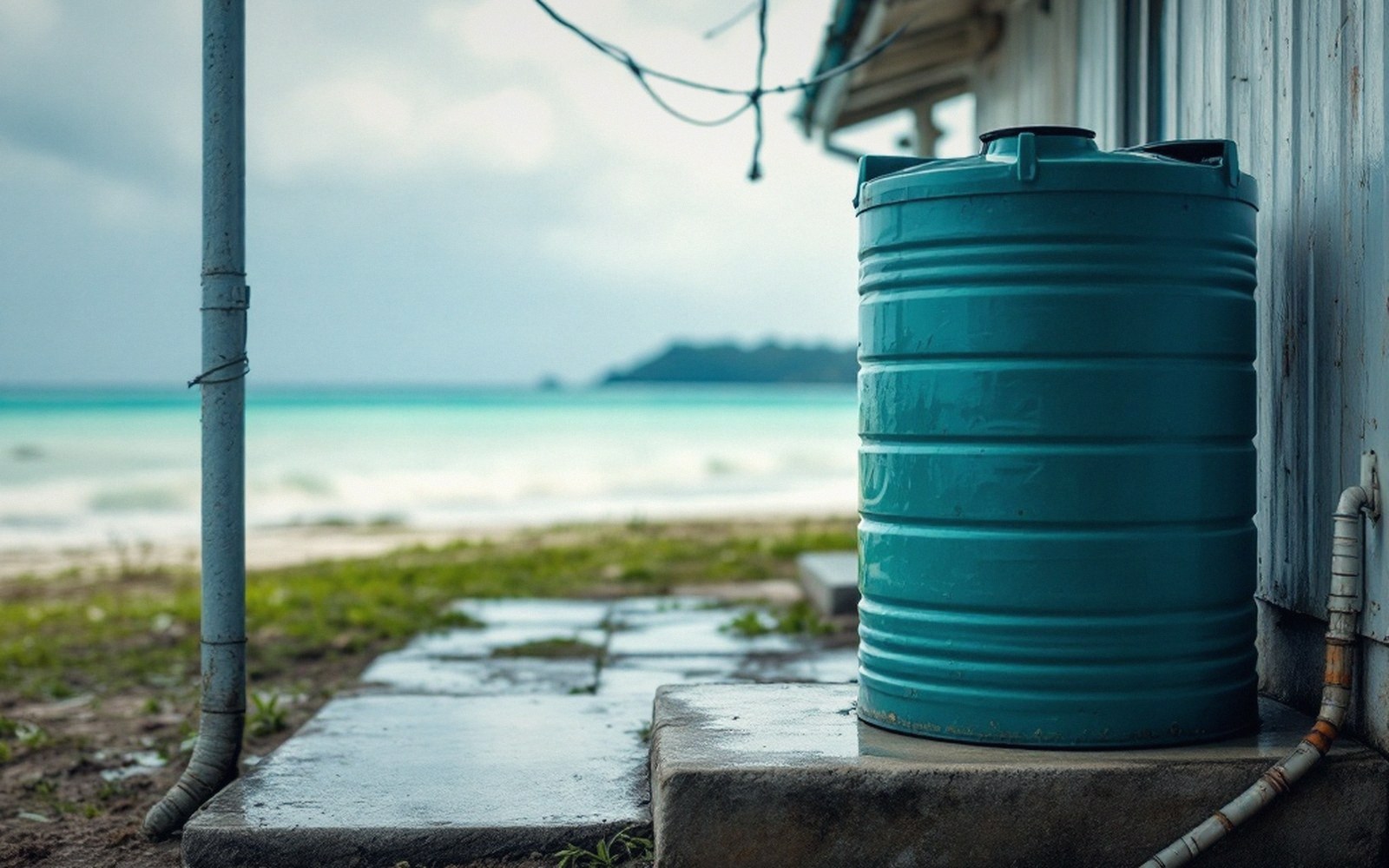A rainwater tank beside a house, gutters, tap and concrete pad