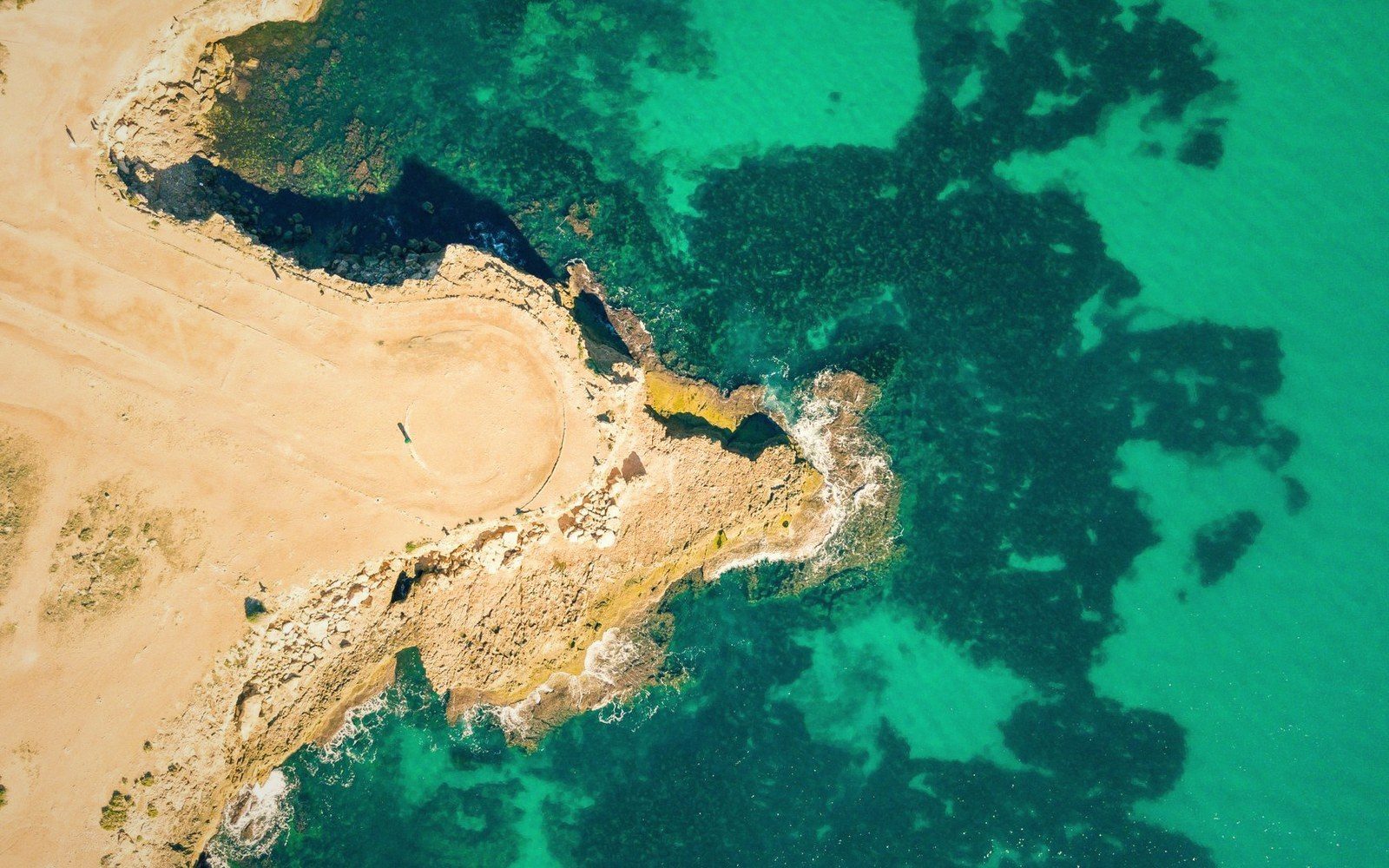 The reef edge where the flat drops into open ocean, water colour change visible